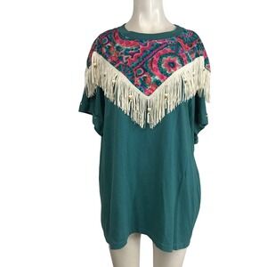 Vtg Hazelwoods Women Teal Aztec Southwest Fringe Boho TShirt XL